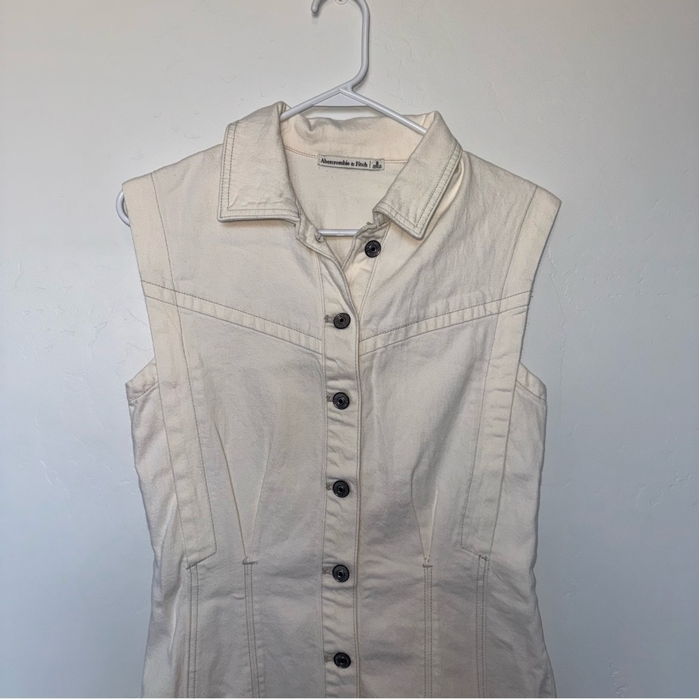Women's Abercrombie Collared Denim Shift Mini Dress Button Up Small Cream - Picture 4 of 7